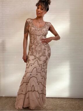 Theia Ochre Gold Beaded Cap Sleeve V-Neck Full Length Gown